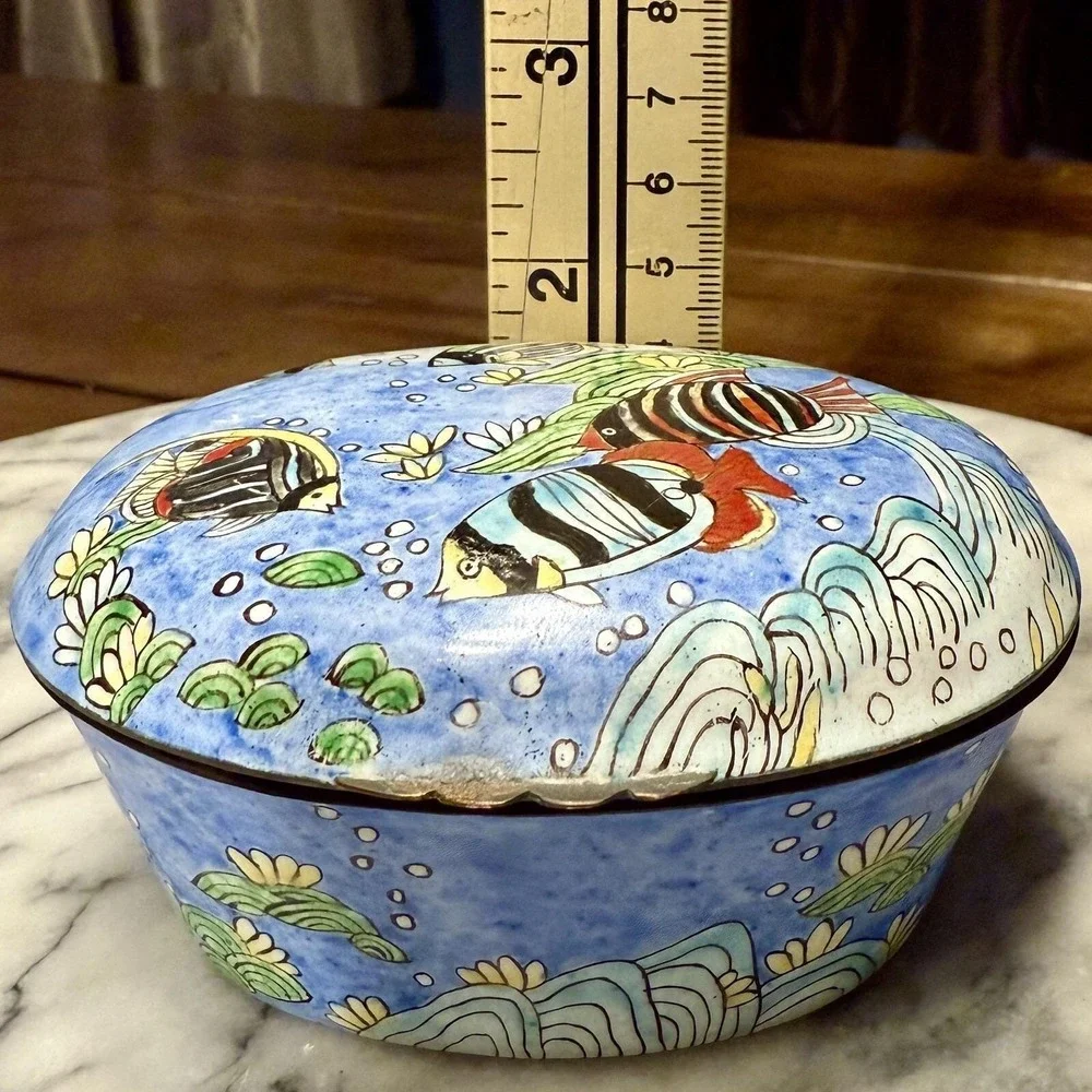 Hand Painted Enamel Metal Brass Fish‎ Aquatic Trinket Box Hinged Lid Ocean Sea